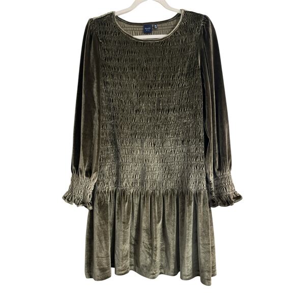 Kaari Blue Drop Waist Smocked Bodice Sage Green Velvet Knee Length Dress Medium - Picture 1 of 7